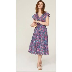Rails Amelia Leilani Floral Tiered Midi Dress V‎ Neck Smocked Waist XL Blue Pink